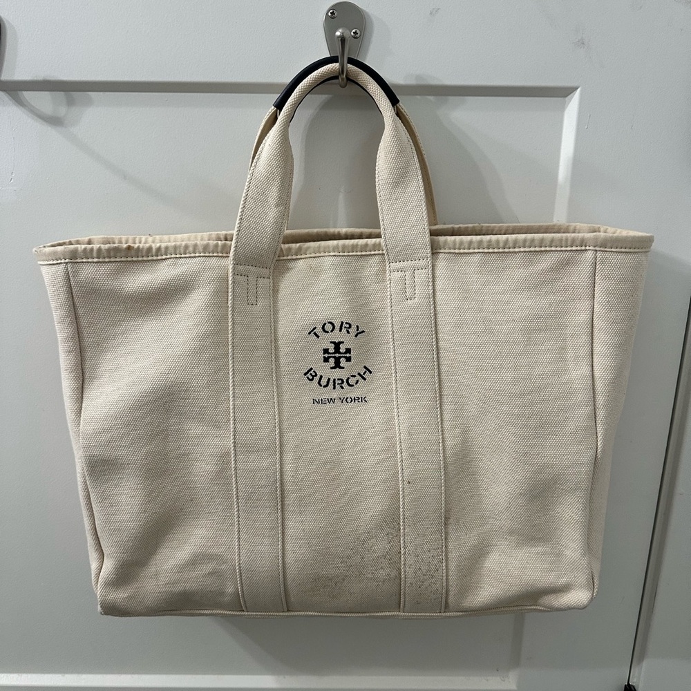 Tory Burch Cream Canvas Logo Tote with Black Accent